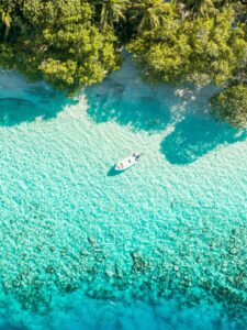 Arial view of a crystal clear beach with blue-green water surrounded by trees and a white boat