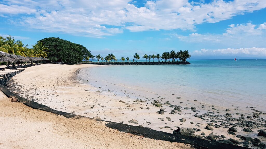 A photo of the beach outside the Sheraton hotel in Samoa, with palm trees and naturally made beach chairs and umbrellas