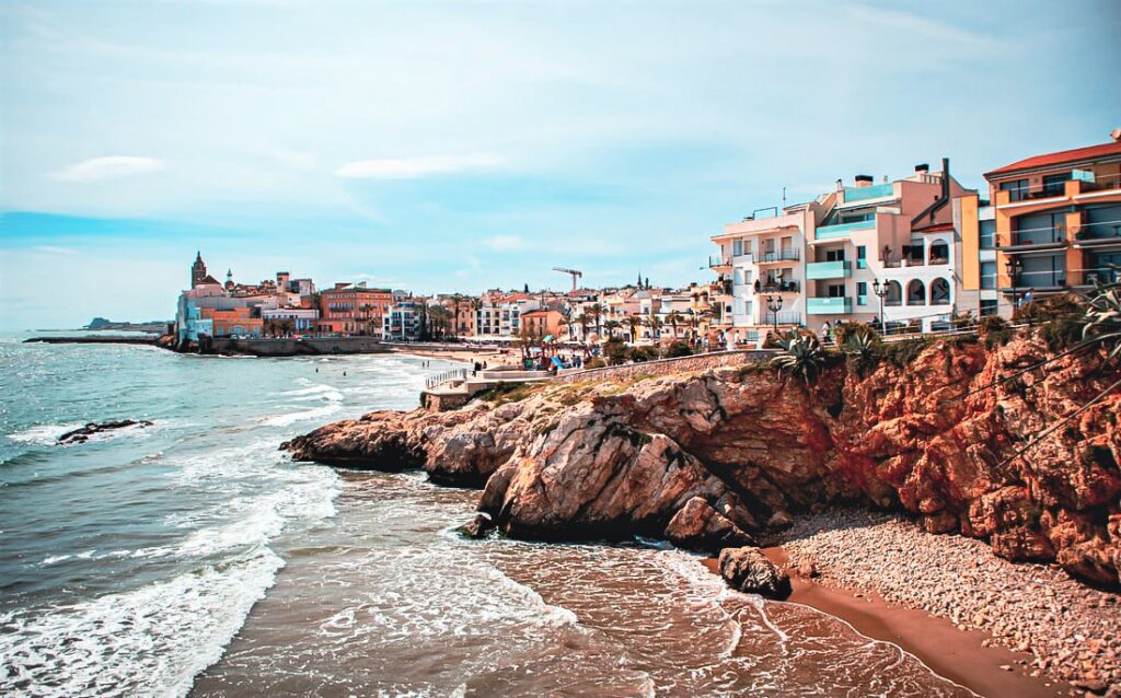 Beautiful beachside town of Sitges. Houses overlooking the water.