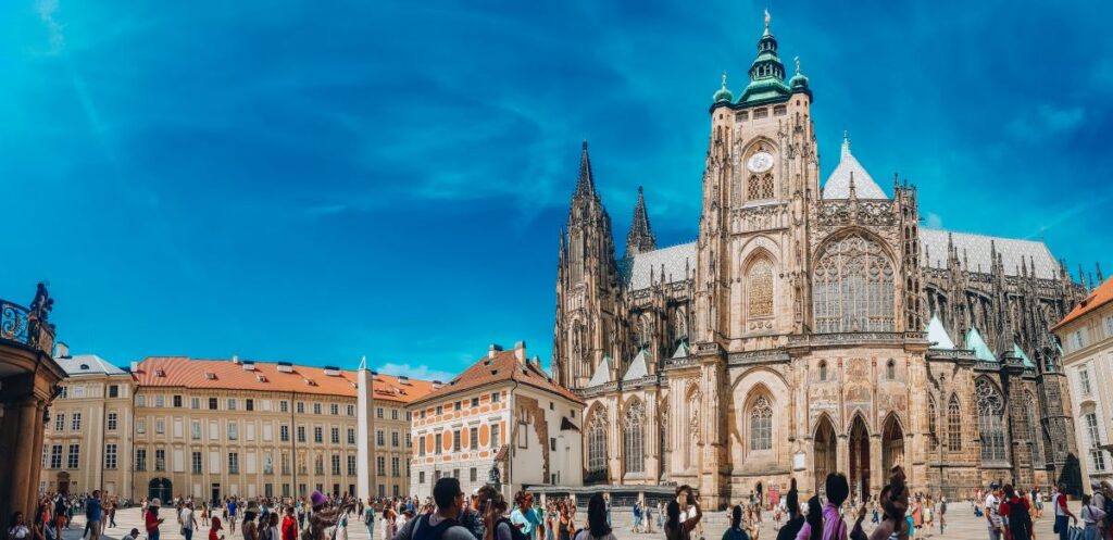 A picture of the gothic style St Vitus Cathedral sitting within the grounds of Prague Castle. How could this not be one of the top attractions to visit in Prague