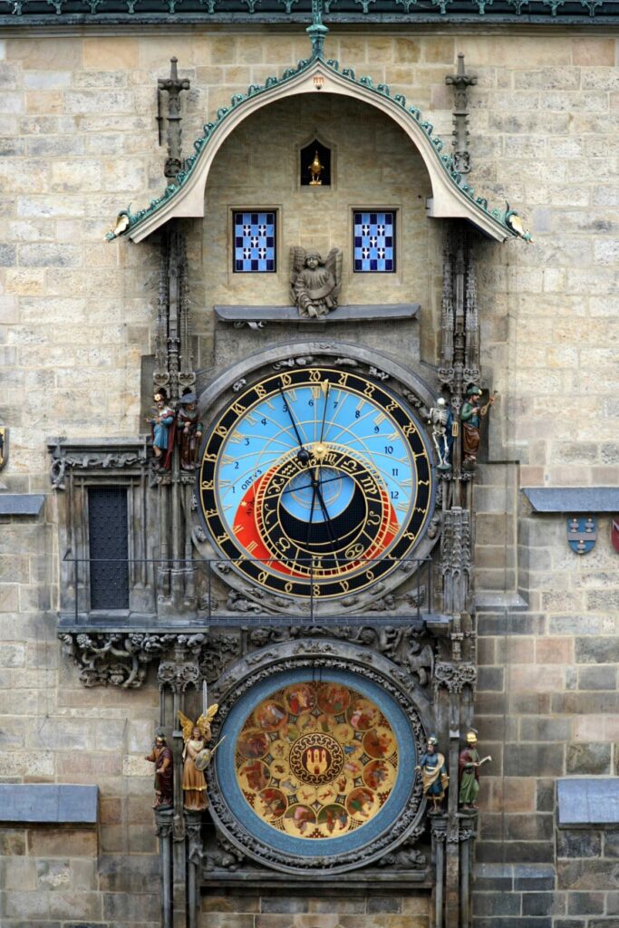 A picture of the medieval Astronomical Clock that sits in the center of Old Town Square in Prague, displaying its spectacular movements.