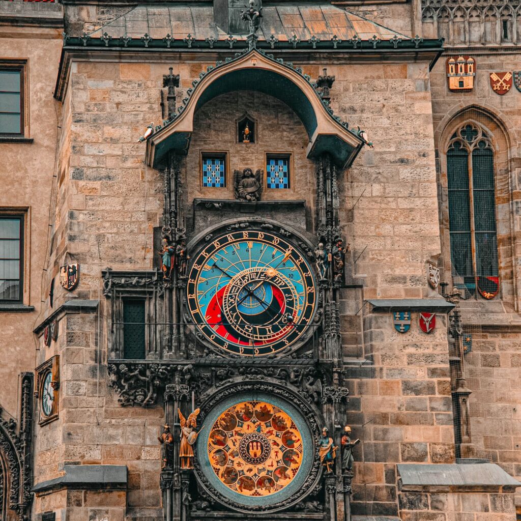 A close up photo of the magnificent astronomical clock and its many features. One of the best free things to do in Prague.