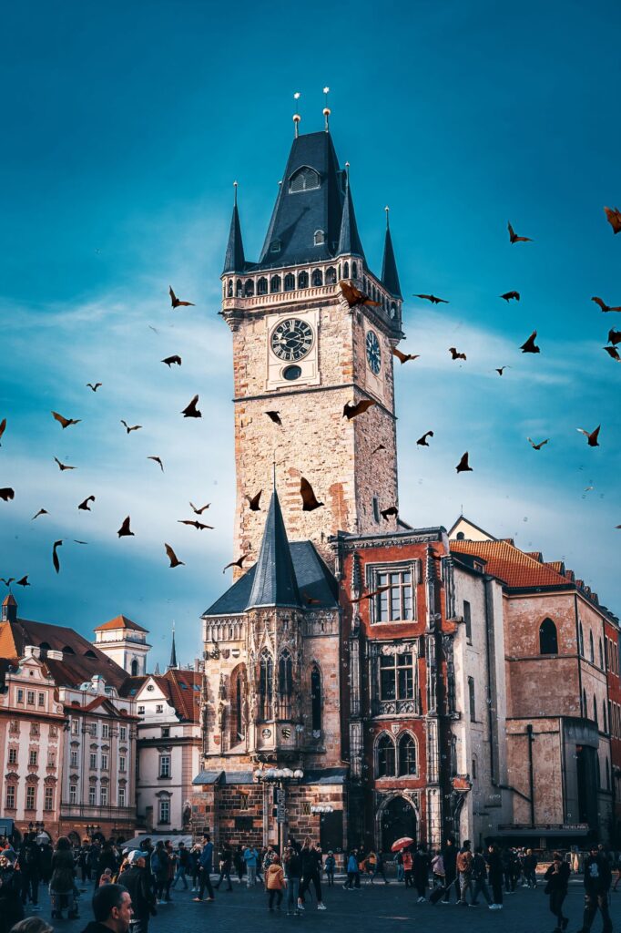 A photo of the Astronomical Clock in the distance at Old Town Square, which has a number of birds flying around and is filled with people.