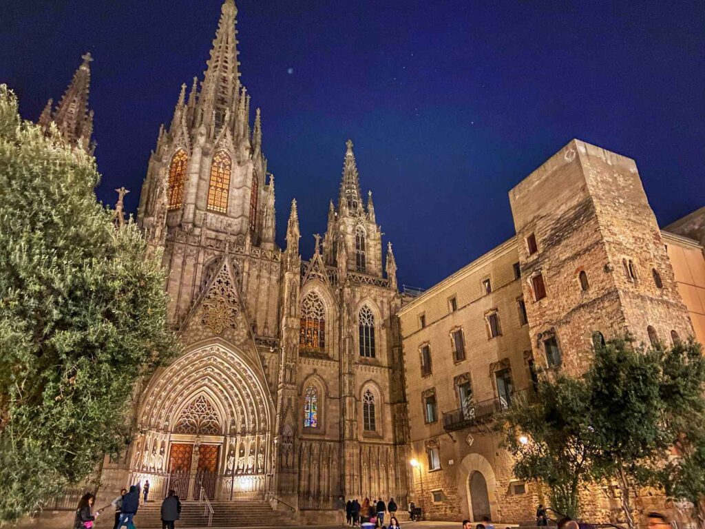 Brown concrete building that is Barcelona Cathedral with rooftop features a variety of gargoyles. The building is well lit up during night time and has green trees in the front and people walking by