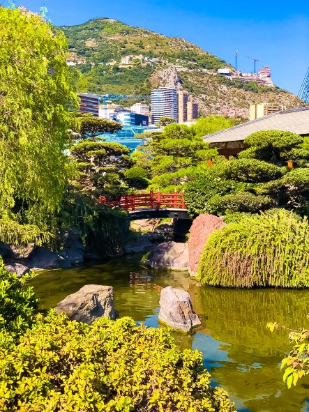 lush green japanese gardens with a pond and red bridge during daytime