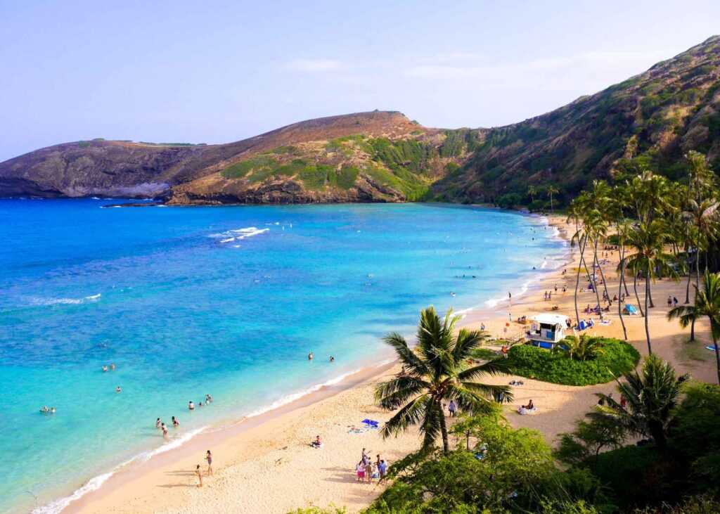 Arial view of Hanauma blue and its pristine blue waters, gold sand and lush green palm trees. People walking on the beach and swimming in the water all during day time. One of the best places to visit in Oahu