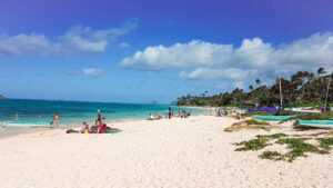 white sands, turquoise waters, people sunbathing and trees surrounding the beach all during daytime