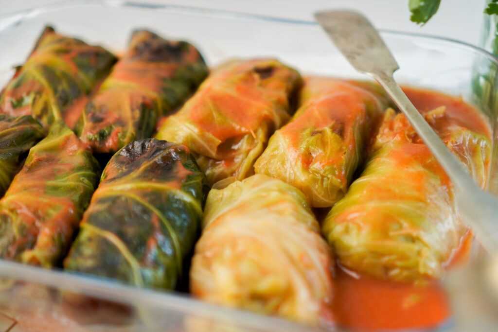 stuffed cabbage leaves in a tomato sauce