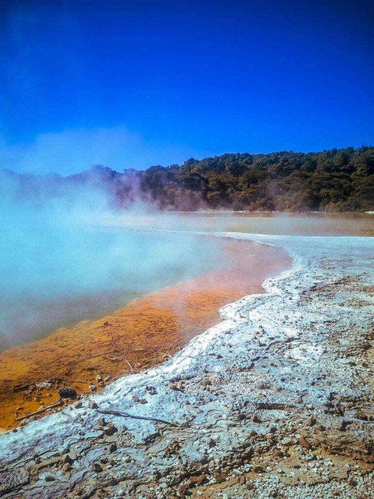 water body with steam and red sand with green trees in the background. one of the top attractions in New Zealand