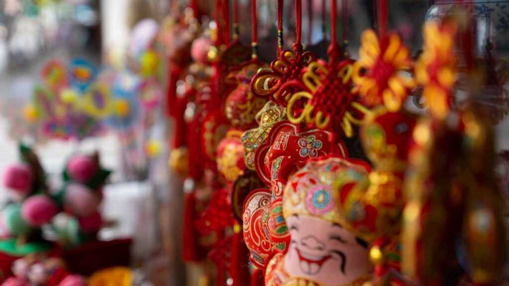 bright red, orange Chinese decor hanging in Chinatown