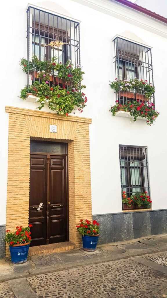 white building wall with brown door and balconies with colorful pots of flowers hanging off them