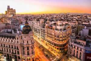 Arial shot of high rise concrete buildings during sunset