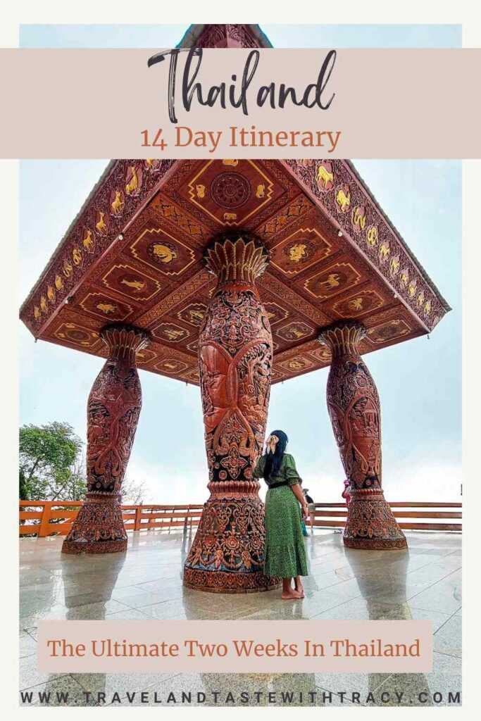 Poster printed with "Thailand - 14 Day itinerary"/ Girl standing in front of wooden pagoda during day time