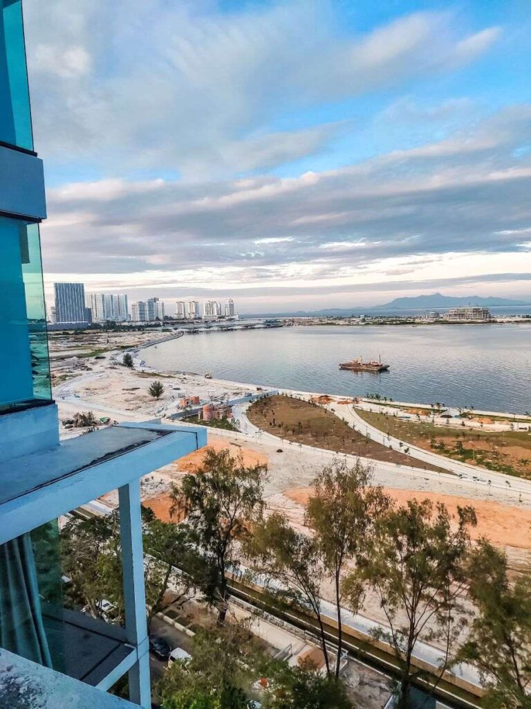 Ariel view of sea and waterfront during evening